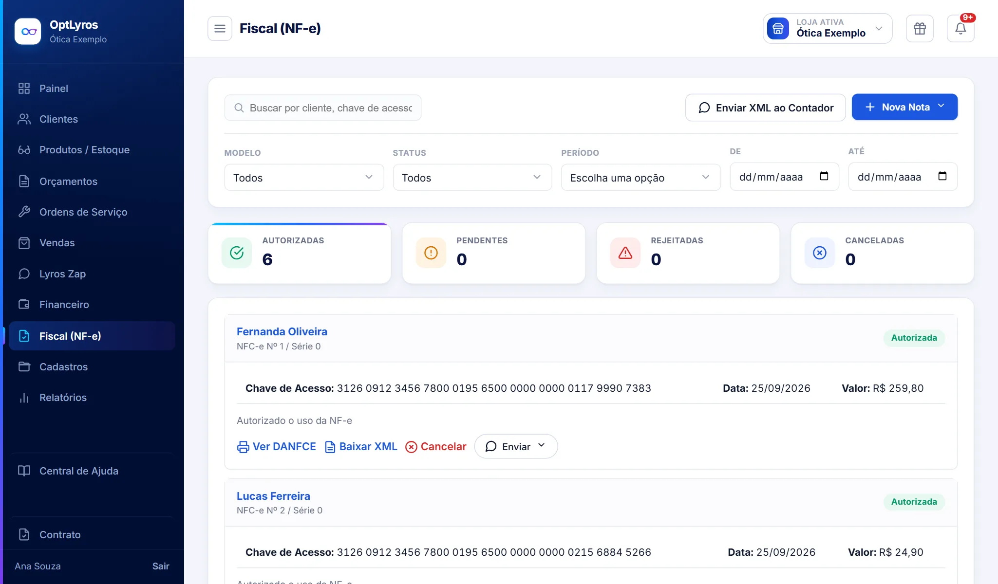 Tela Fiscal do OptLyros com notas NFC-e autorizadas