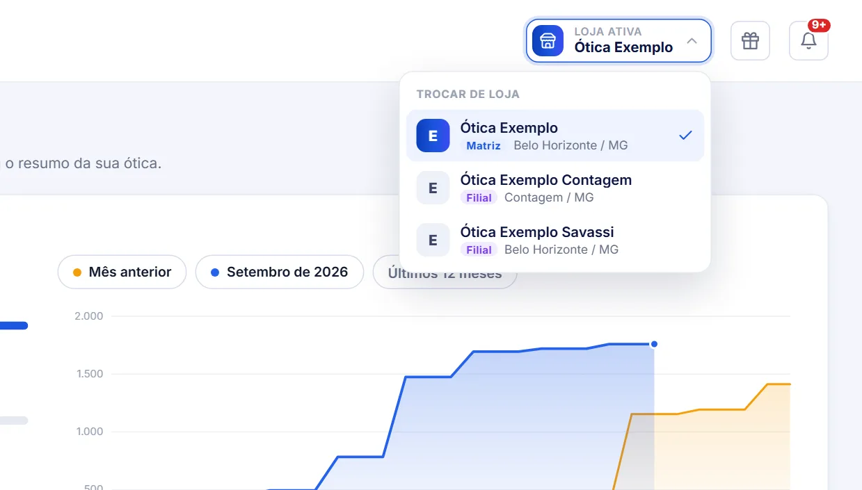 Seletor de loja do OptLyros com a matriz e duas filiais