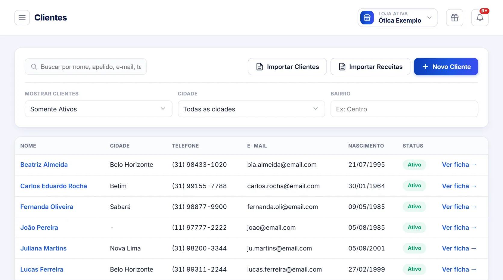 Lista de clientes do OptLyros com busca, filtros por cidade e bairro e importação