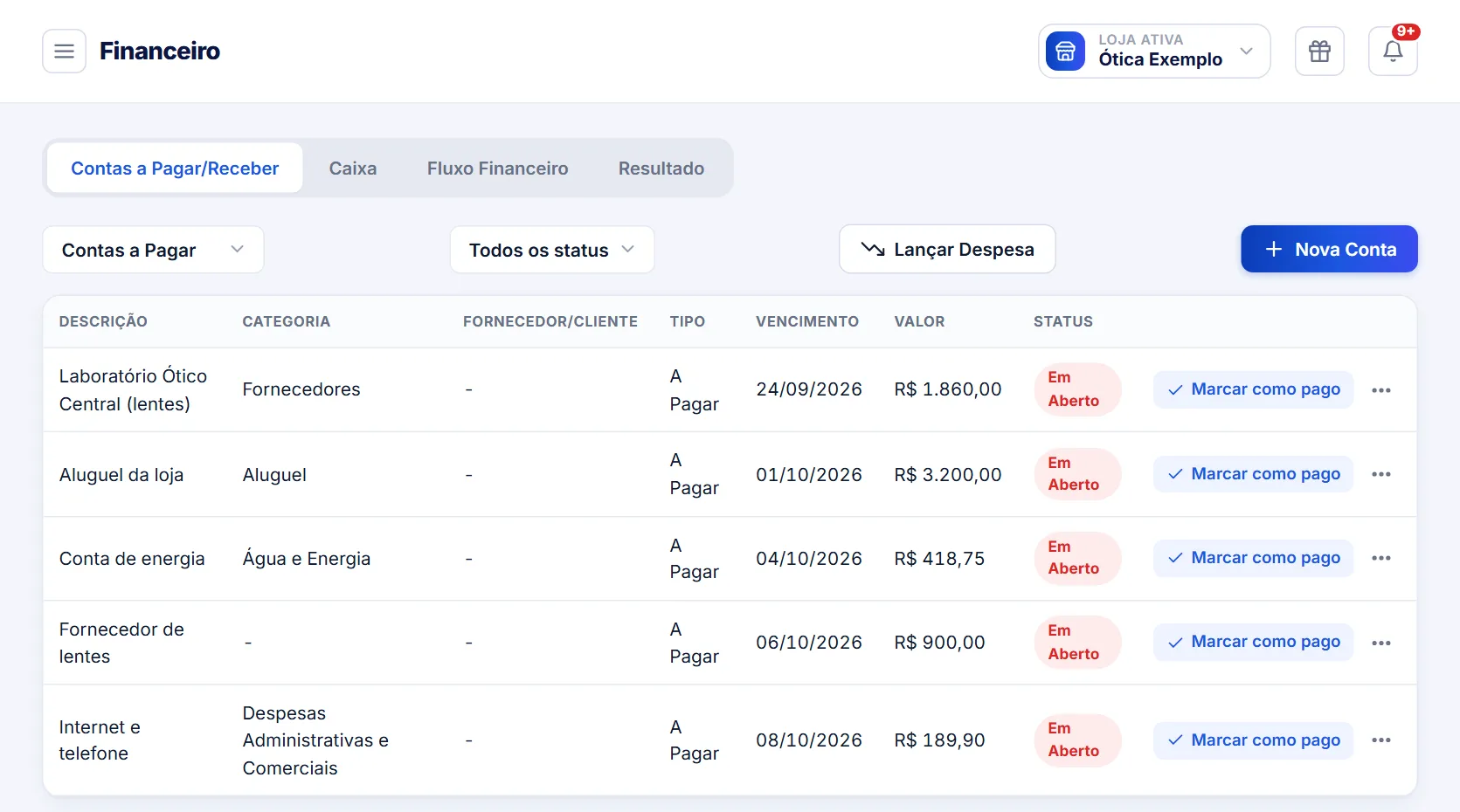 Contas a pagar e a receber no Financeiro do OptLyros