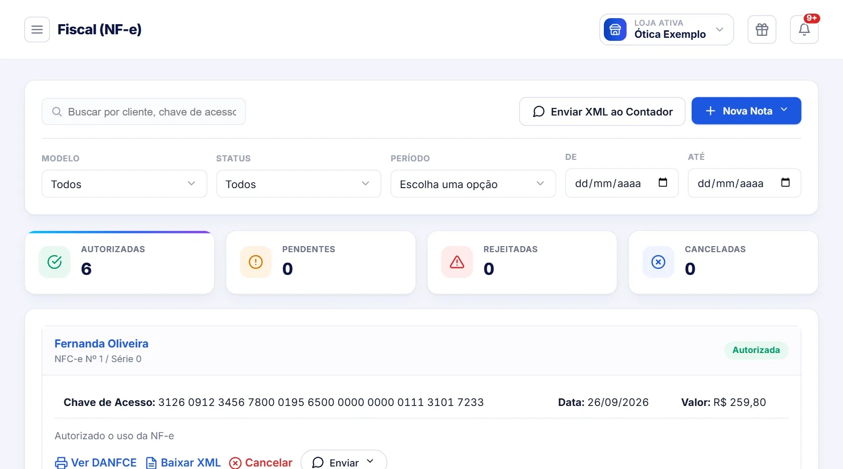 Tela Fiscal do OptLyros com as notas NFC-e autorizadas