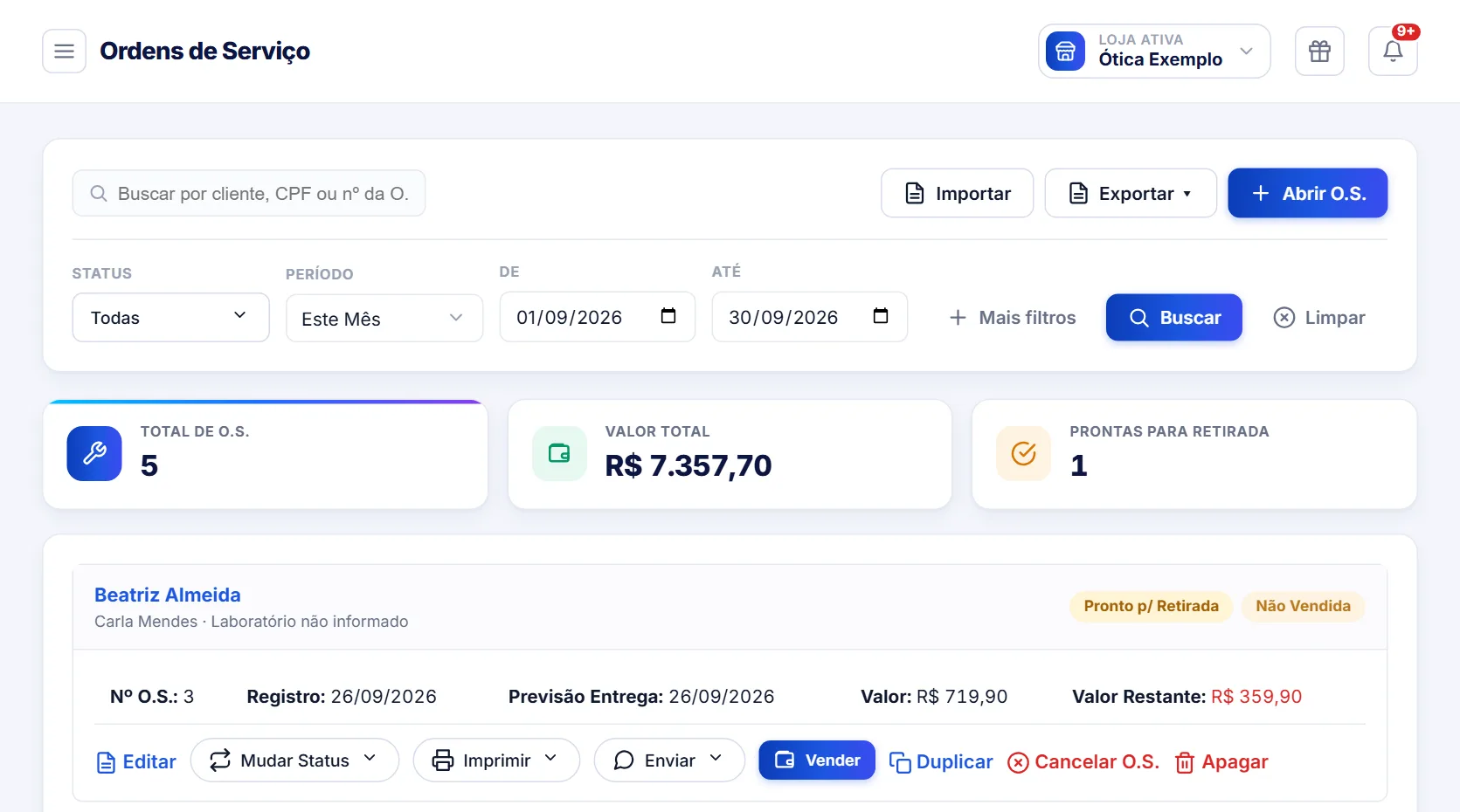 Lista de ordens de serviço do OptLyros com status, previsão de entrega e valor restante