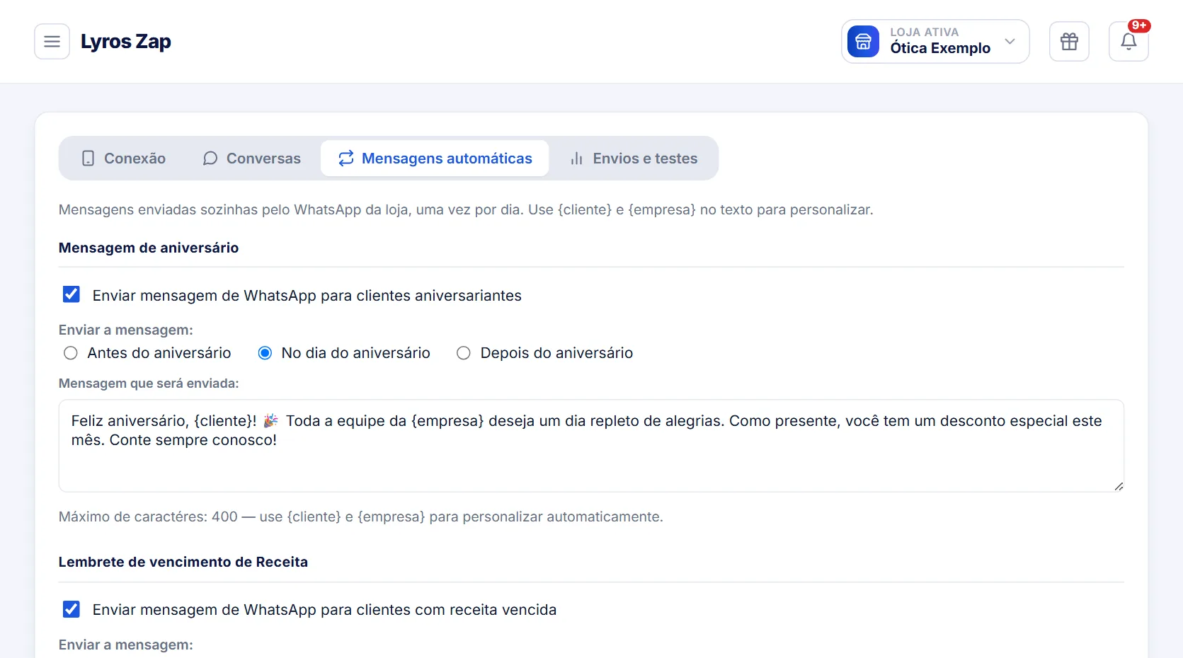 Mensagens automáticas do Lyros Zap: aniversário e lembrete de receita vencida