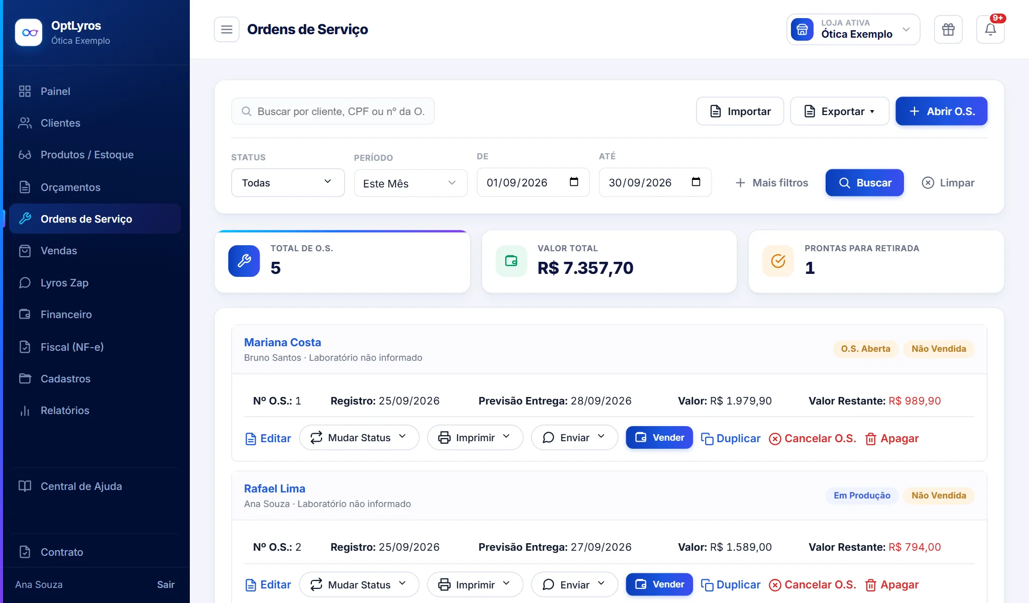 Lista de ordens de serviço do OptLyros