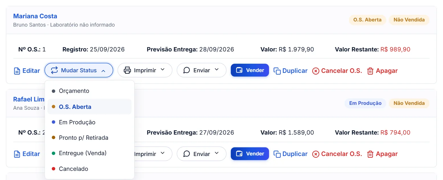Menu para mudar o status da ordem de serviço