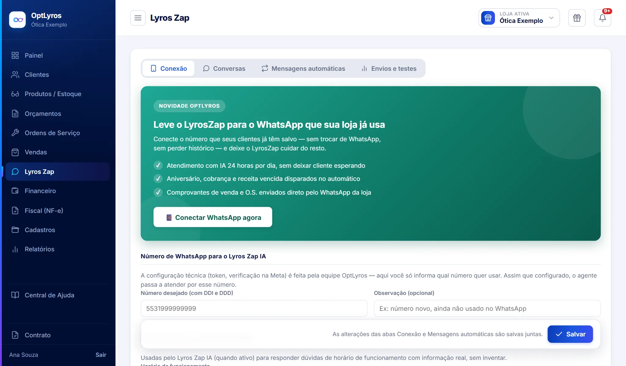 Tela do Lyros Zap com o botão para conectar o WhatsApp