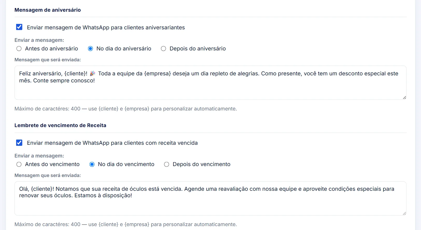 Configuração das mensagens de aniversário e de receita vencida